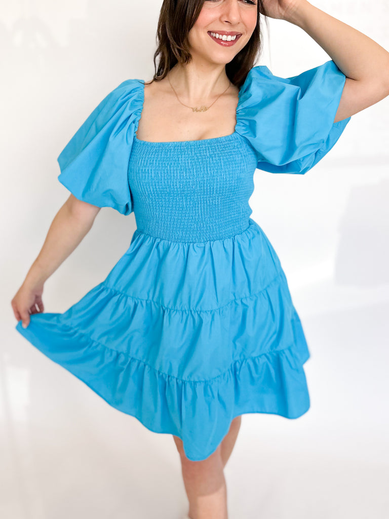 Puff Sleeve Mini Dress - Aqua-510 Mini-ENTRO-July & June Women's Boutique, Located in San Antonio, Texas