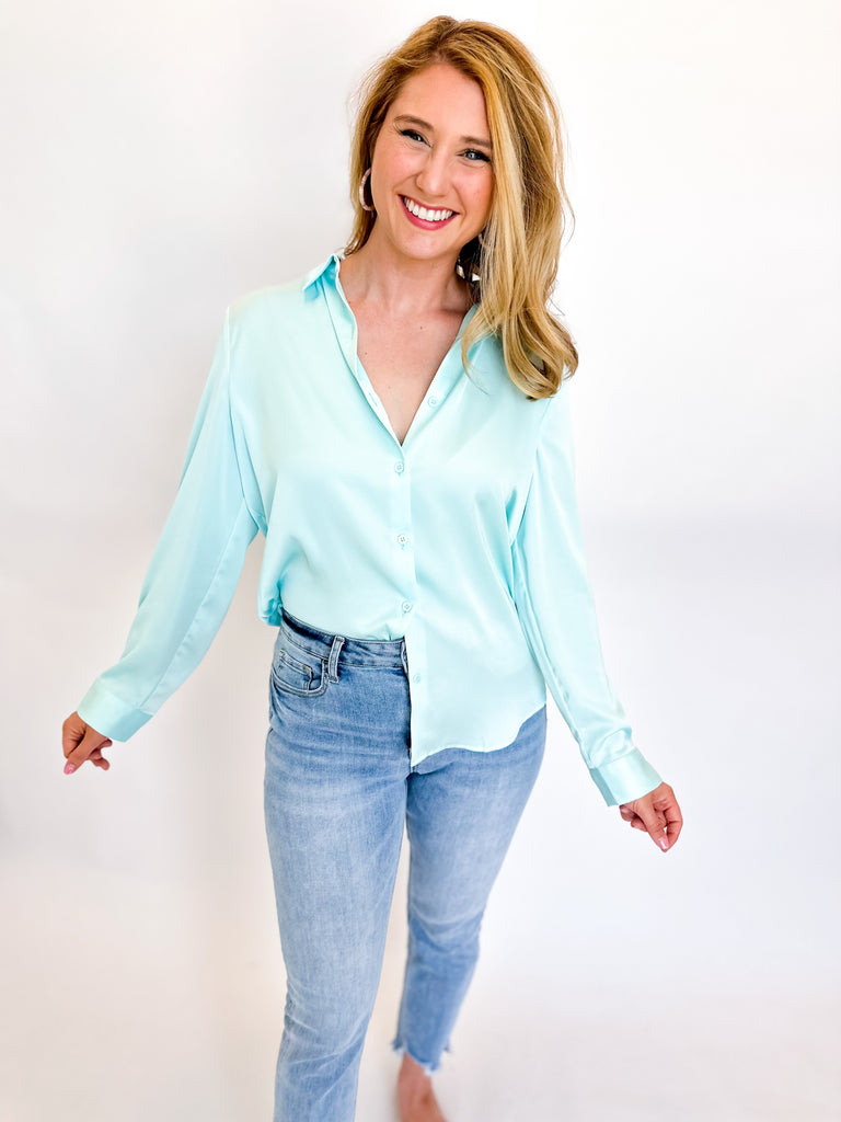 Vivy Button Down Blouse - Ice Blue-200 Fashion Blouses-SKIES ARE BLUE-July & June Women's Boutique, Located in San Antonio, Texas