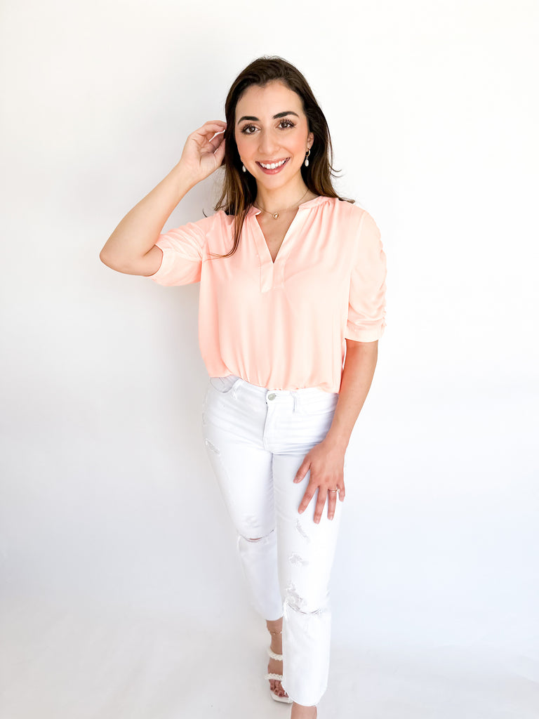 Shoulder Detail Peach Blouse-200 Fashion Blouses-CURRENT AIR CLOTHING-July & June Women's Boutique, Located in San Antonio, Texas