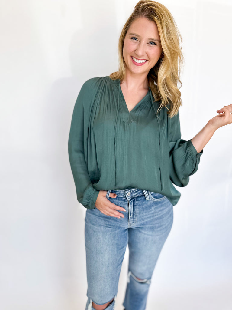Sleek V-Neck Blouse - Gray Green-200 Fashion Blouses-CURRENT AIR CLOTHING-July & June Women's Fashion Boutique Located in San Antonio, Texas