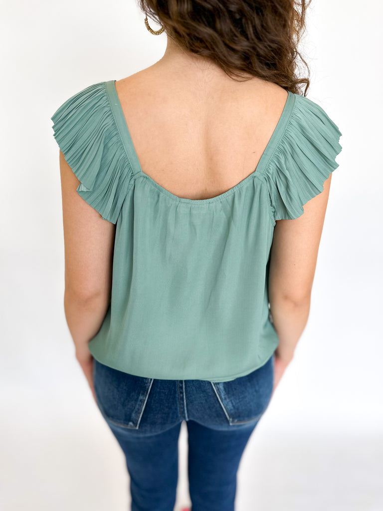 Sage Green Satin Ruffle Tank-200 Fashion Blouses-CURRENT AIR CLOTHING-July & June Women's Boutique, Located in San Antonio, Texas
