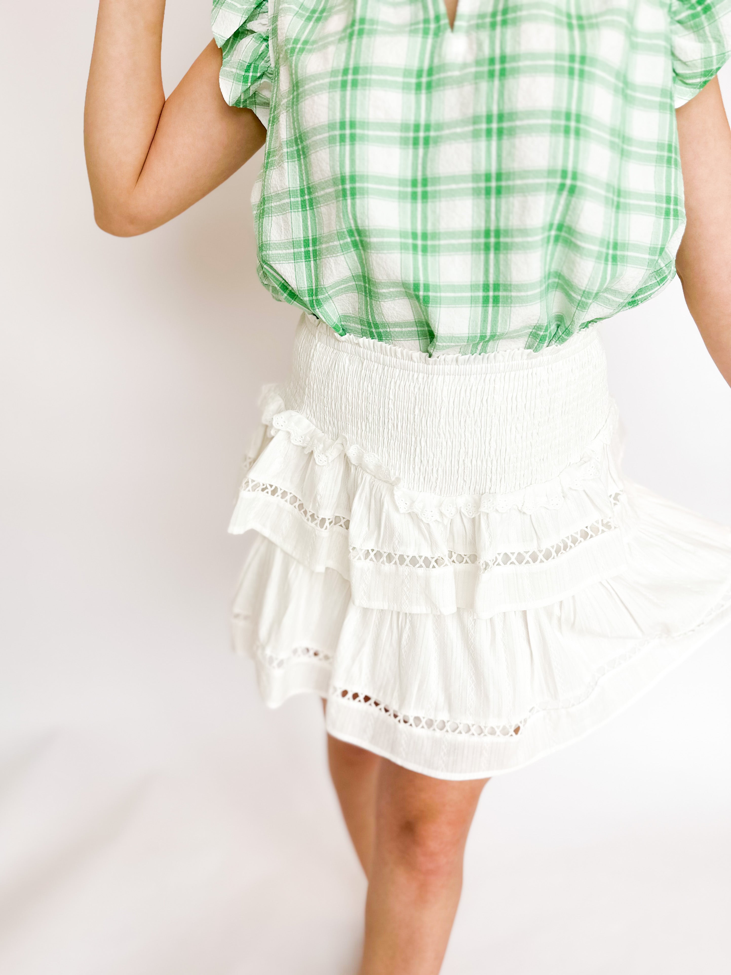 Ivory Crochet Tiered Mini Skirt-410 Shorts/Skirts-FANCO-July & June Women's Boutique, Located in San Antonio, Texas
