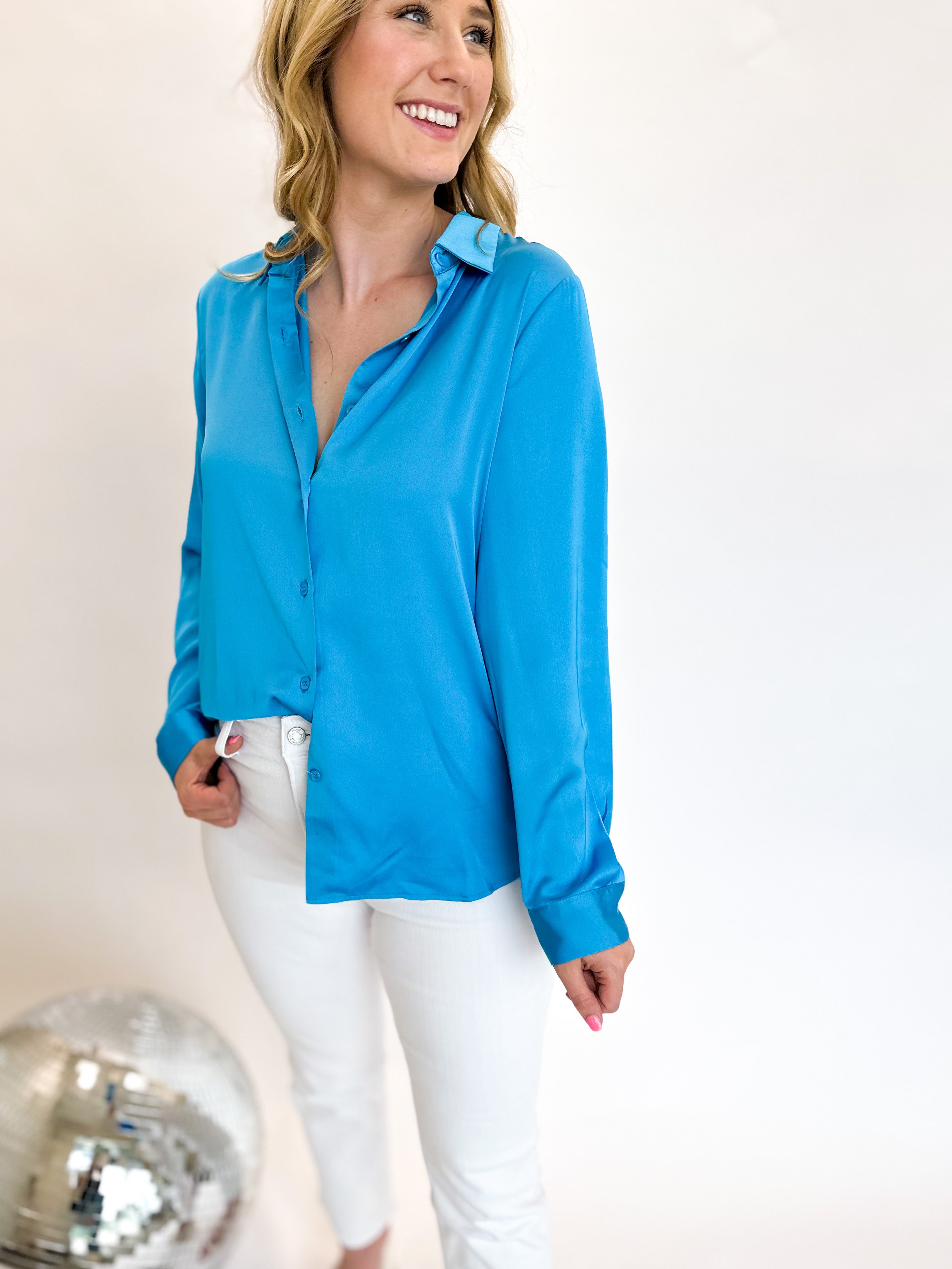 Vivy Button Down Blouse - Vivid Blue-200 Fashion Blouses-SKIES ARE BLUE-July & June Women's Boutique, Located in San Antonio, Texas