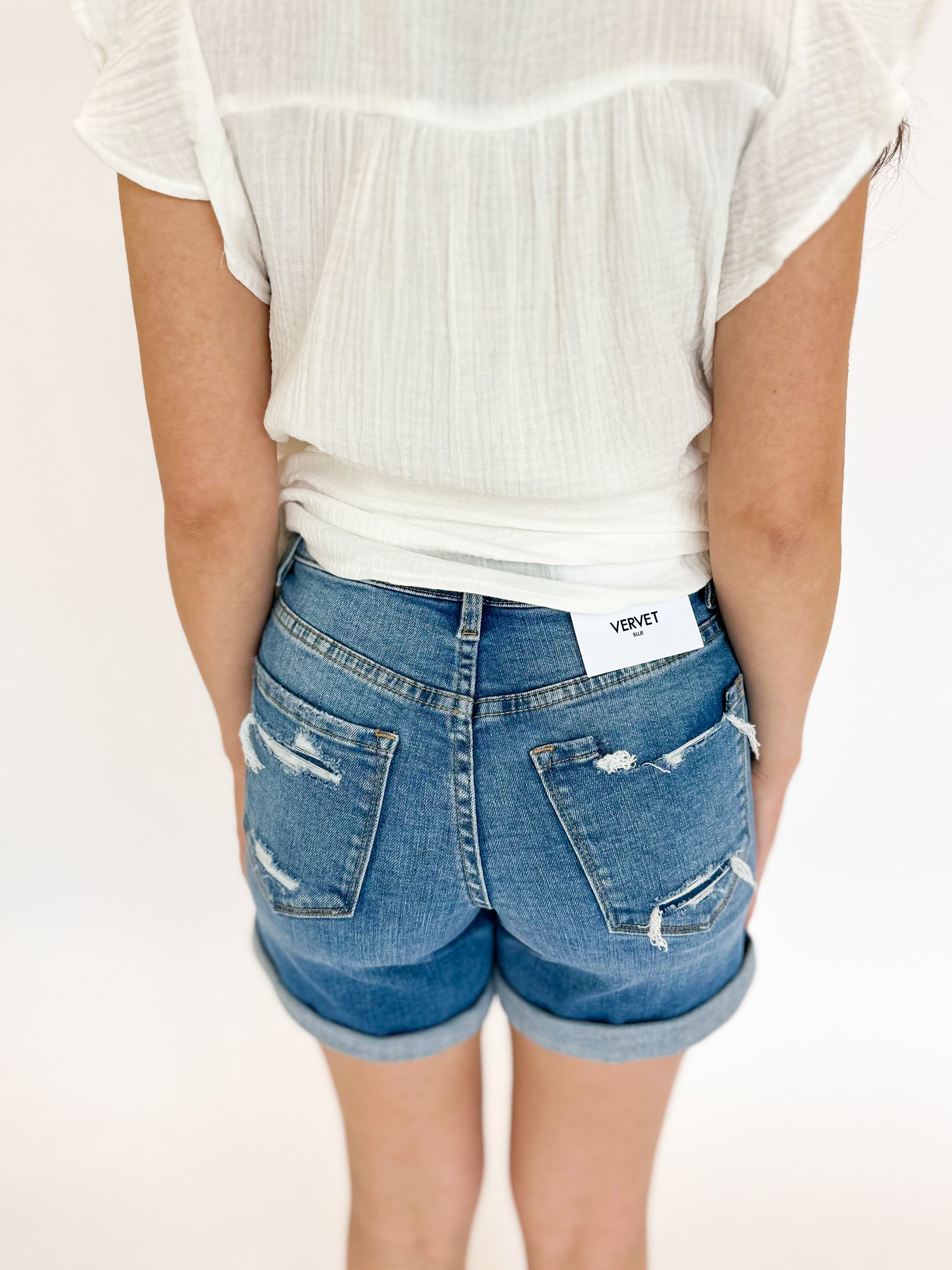 Vervet High Rise Distressed Denim Shorts-410 Shorts/Skirts-VEVERT BY FLYING MONKEY-July & June Women's Boutique, Located in San Antonio, Texas