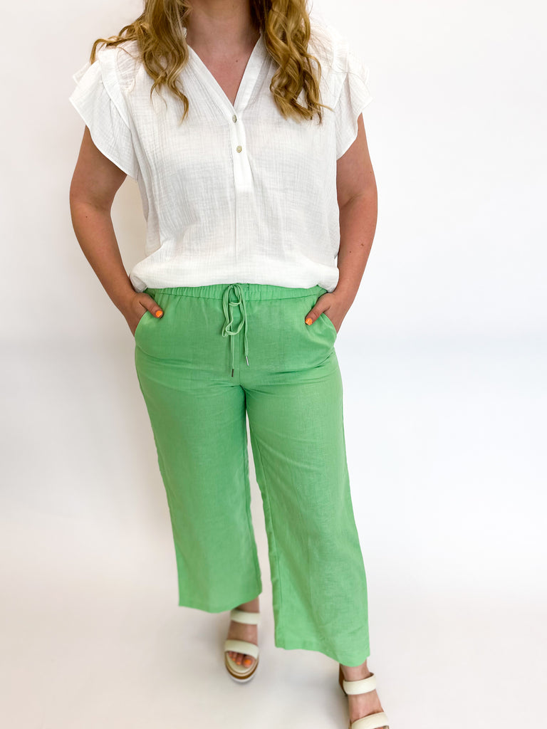 Linen Pants - Lime-400 Pants-OLIVACEOUS-July & June Women's Boutique, Located in San Antonio, Texas