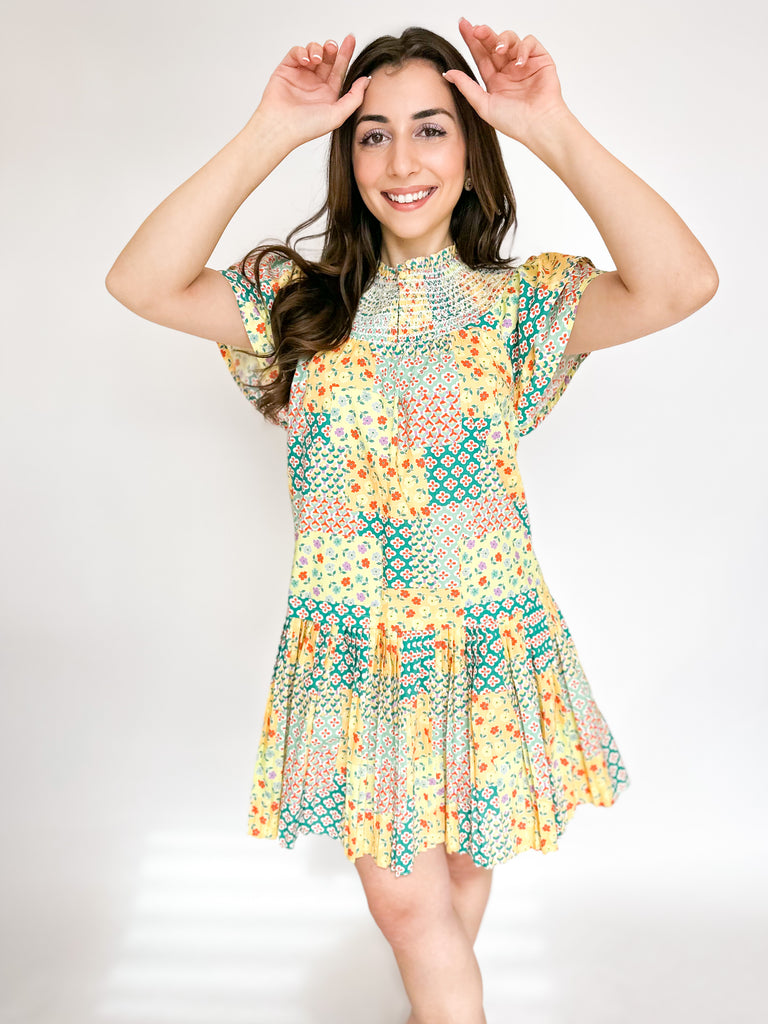 Pastel Smocked Neck Mini Dress-510 Mini-CURRENT AIR CLOTHING-July & June Women's Boutique, Located in San Antonio, Texas